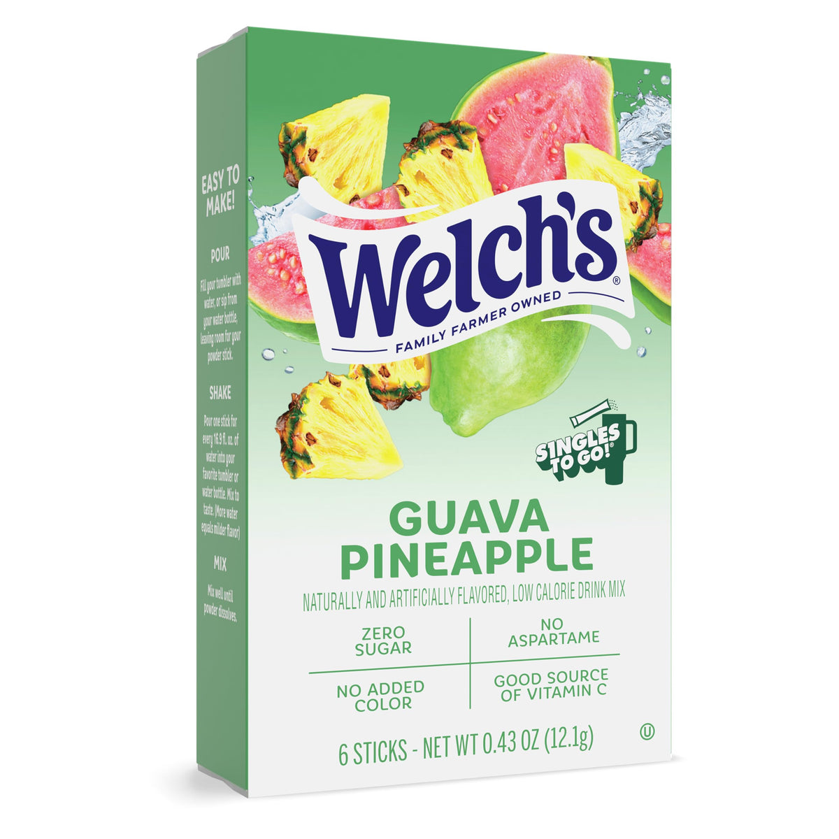Glass with Welch's Singles To Go guava pineapple drink ready to sip