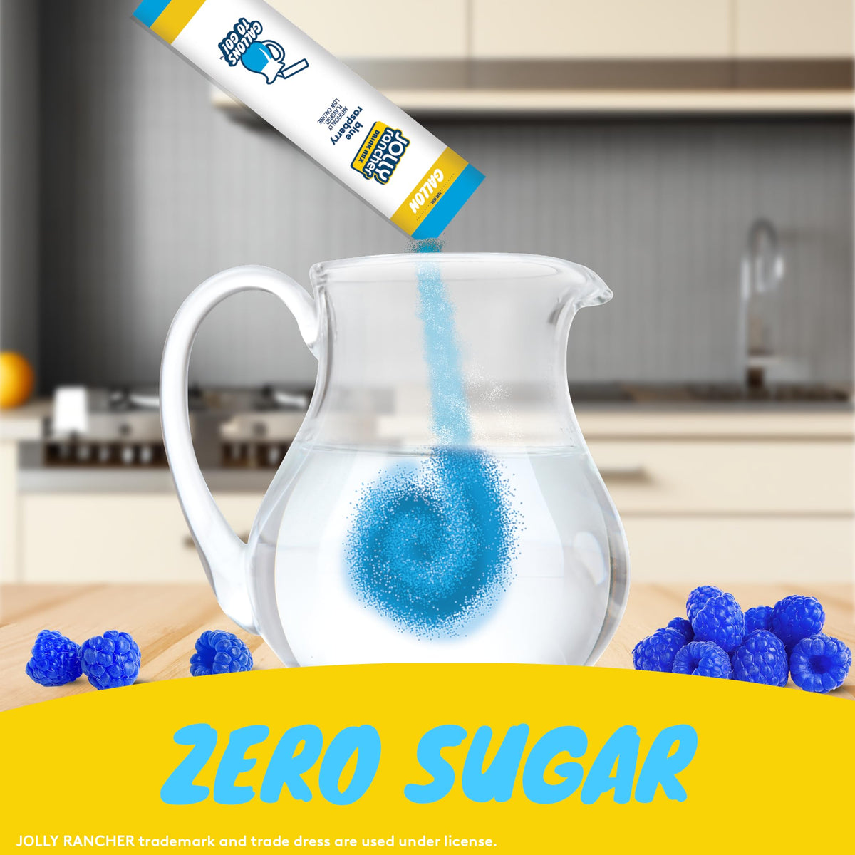 Blue raspberry sticks ready on a kitchen counter for family hydration and flavor variety.