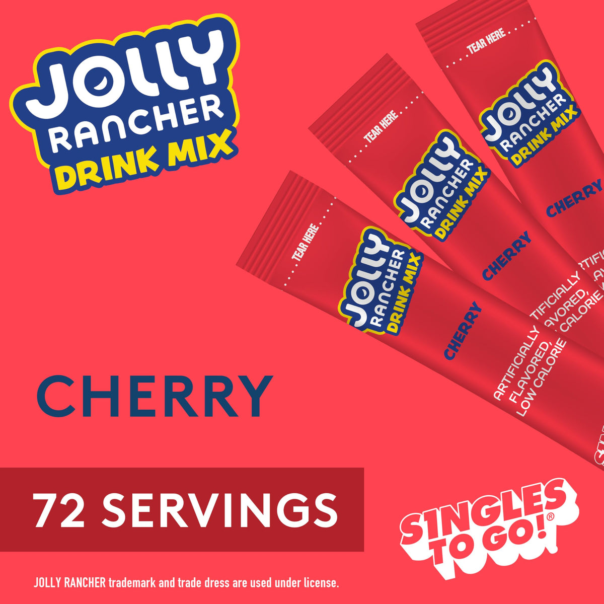 SINGLES TO GO Jolly Rancher Cherry box label highlighting sugar-free, caffeine-free mix