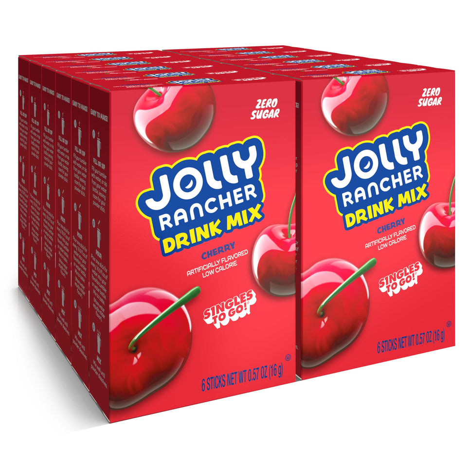 SINGLES TO GO Jolly Rancher Cherry packet front showing a low-calorie flavor boost for water