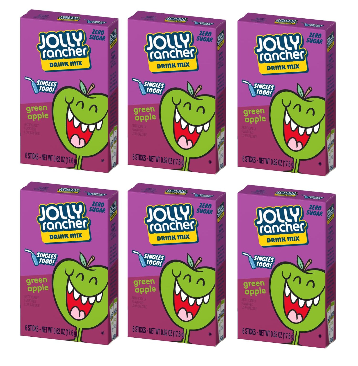 SINGLES TO GO Jolly Rancher Green Apple boxes show convenient six pack packaging for on the go flavor