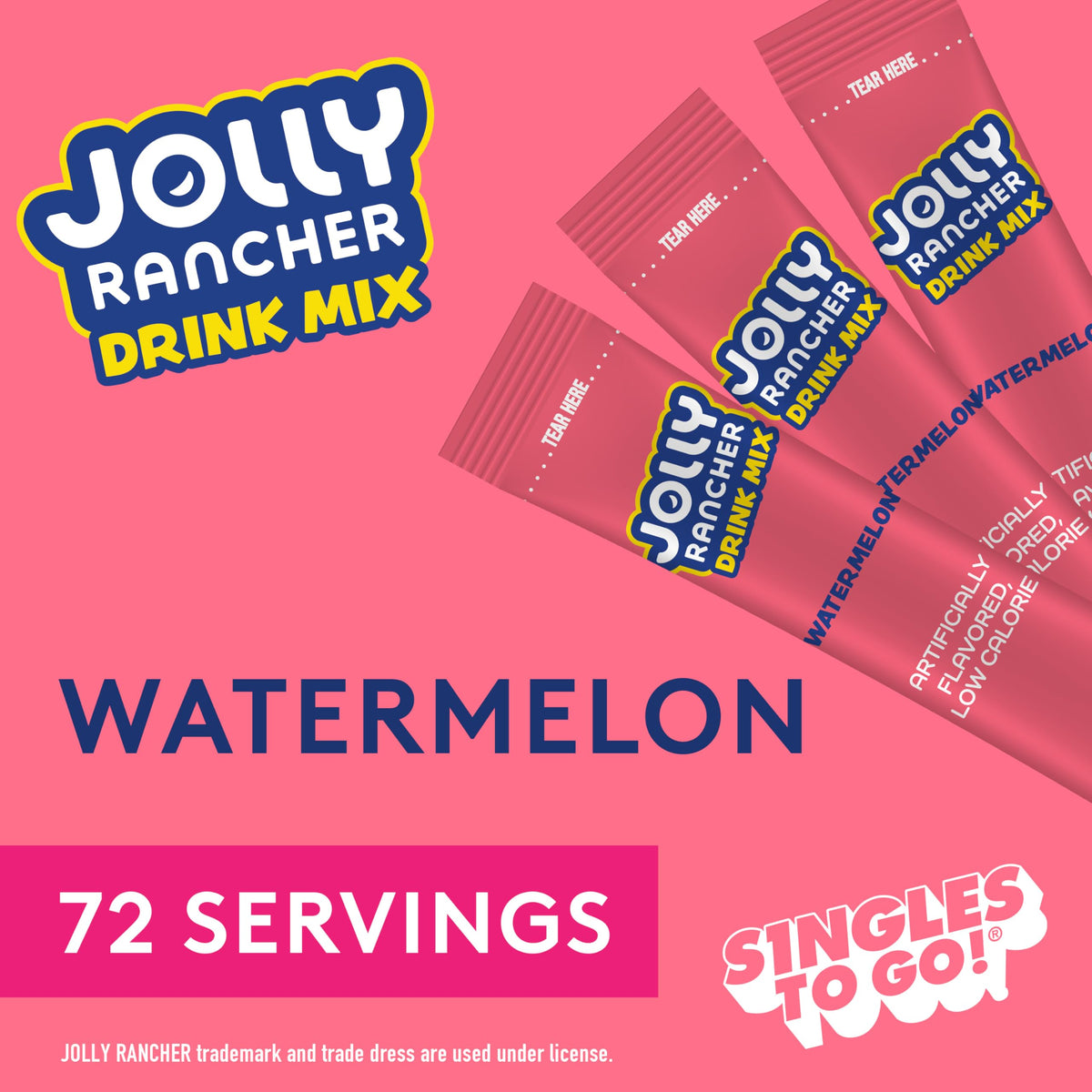 Closeup of SINGLES TO GO! Jolly Rancher Watermelon packets for quick flavor boosts.