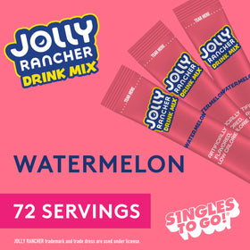Closeup of SINGLES TO GO! Jolly Rancher Watermelon packets for quick flavor boosts.