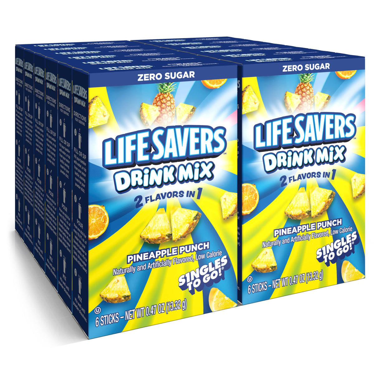 Lifesavers Singles To Go Pineapple Punch stick beside a water bottle for on-the-go hydration.