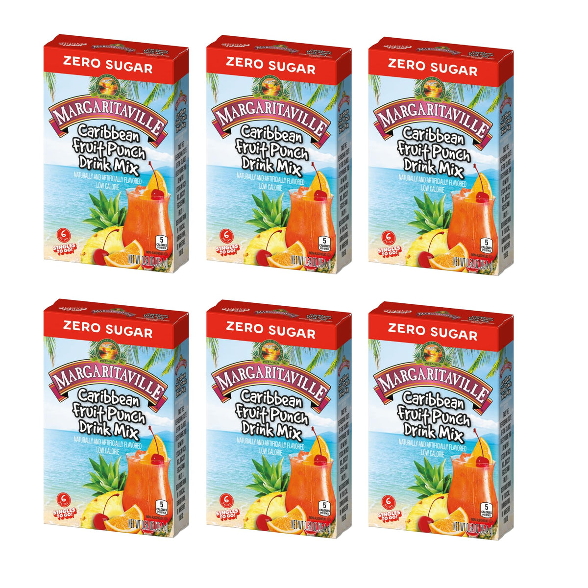 Singles To Go Margaritaville Caribbean Fruit Punch packet for quick on-the-go refreshment.