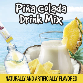 Margaritaville Singles To Go pina-colada packet close-up for quick hydration.