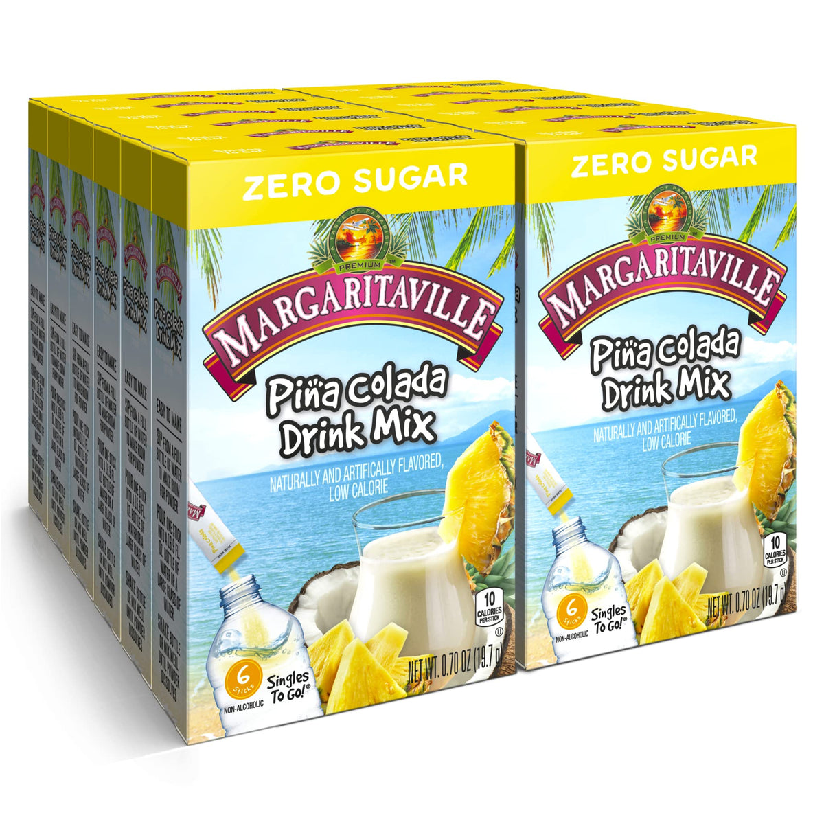 SINGLES TO GO! Margaritaville pina-colada stick in a water bottle for quick flavor refreshment.