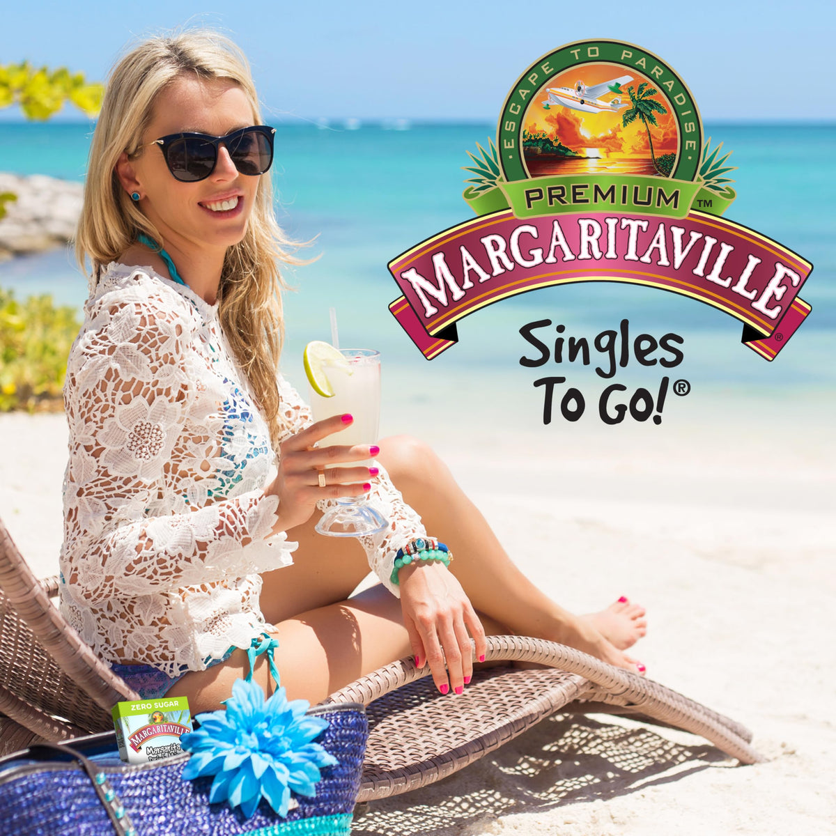 SINGLES TO GO Margaritaville setup on a counter for ready drinks.