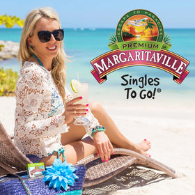 SINGLES TO GO Margaritaville setup on a counter for ready drinks.