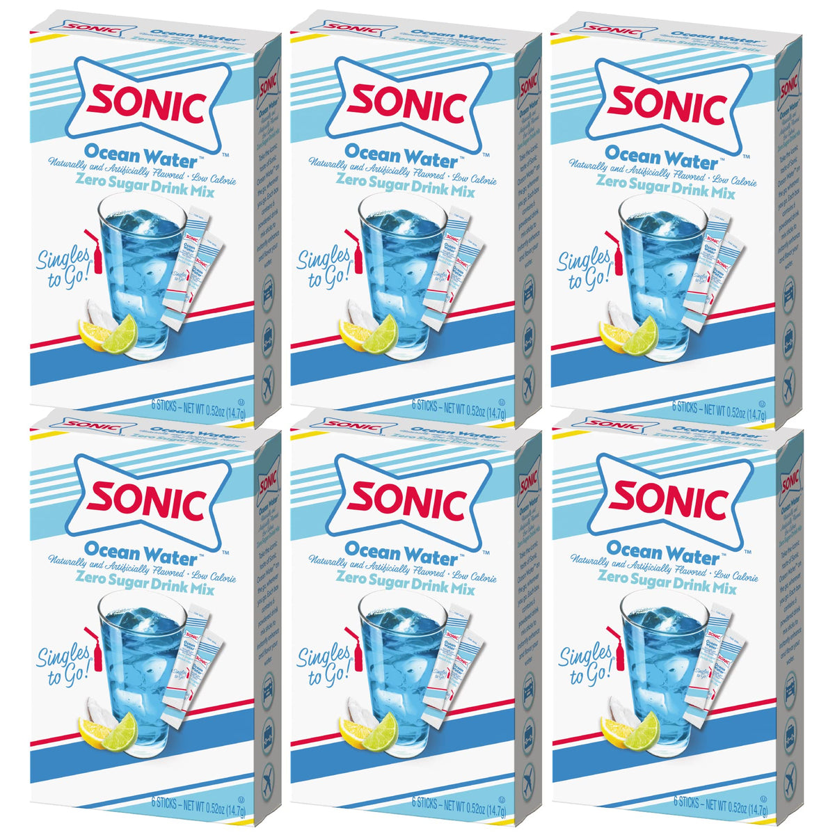 SINGLES TO GO Ocean Water box front, six-box case for easy on-the-go hydration.