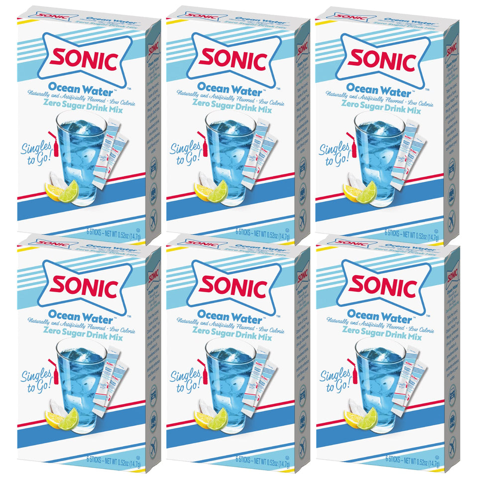 SINGLES TO GO Ocean Water box front, six-box case for easy on-the-go hydration.