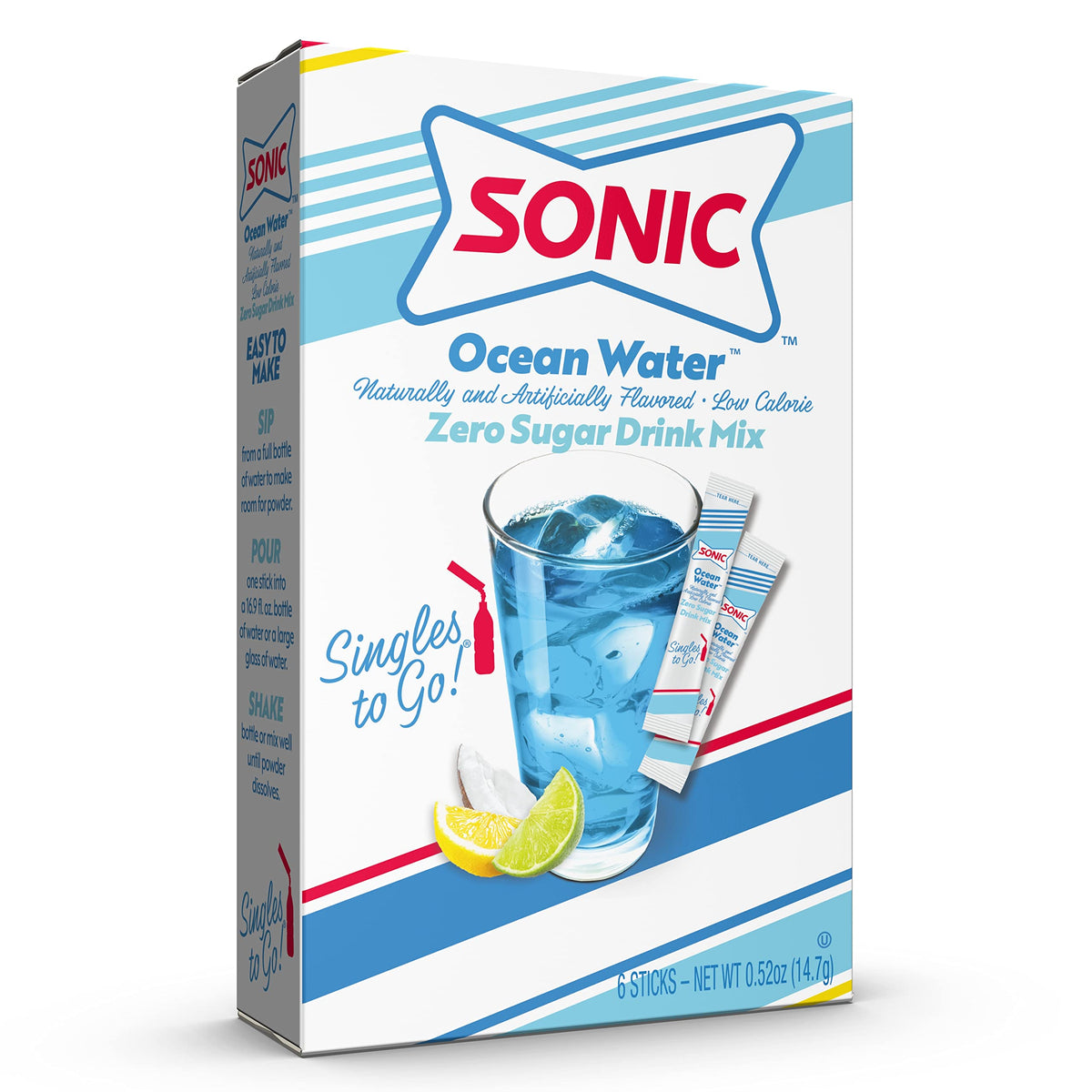 SINGLES TO GO Ocean Water box open with packets ready for quick flavor boosts.