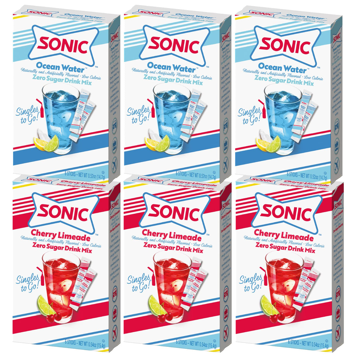 SINGLES TO GO Ocean Water box showing a refreshing, sugar-free flavor option.