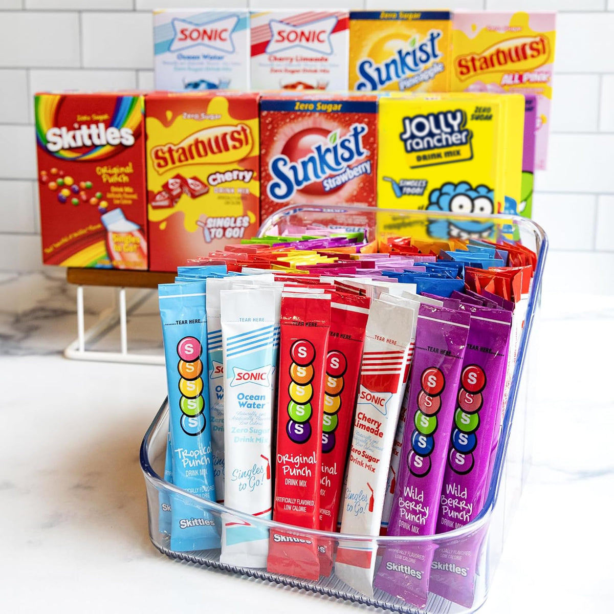 Singles To Go packets pour into water for fast flavor enhancement
