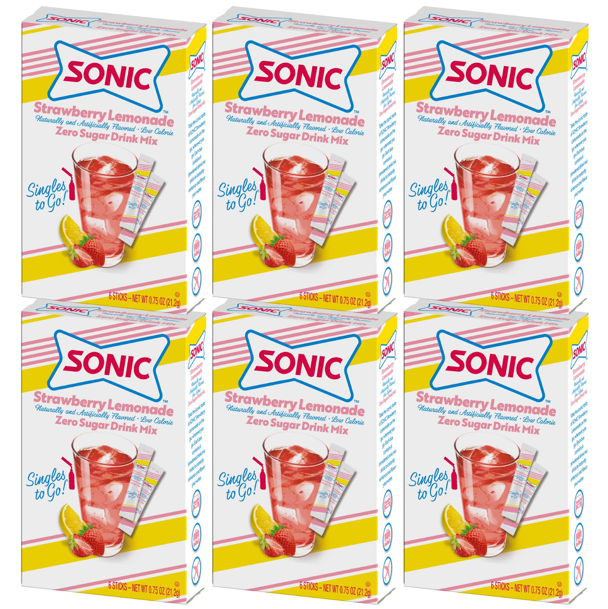 SINGLES TO GO Sonic Strawberry Lemonade box front for on-the-go flavor.