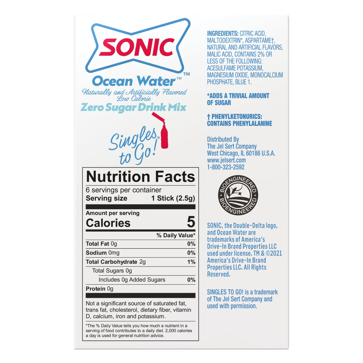 SINGLES TO GO! Sonic sugar-free sachet label for guilt-free hydration.