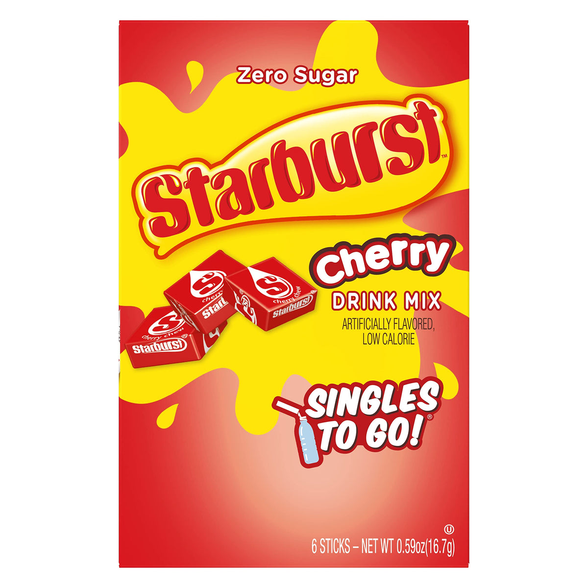 Starburst Singles To Go Cherry packets close-up for quick water flavor.