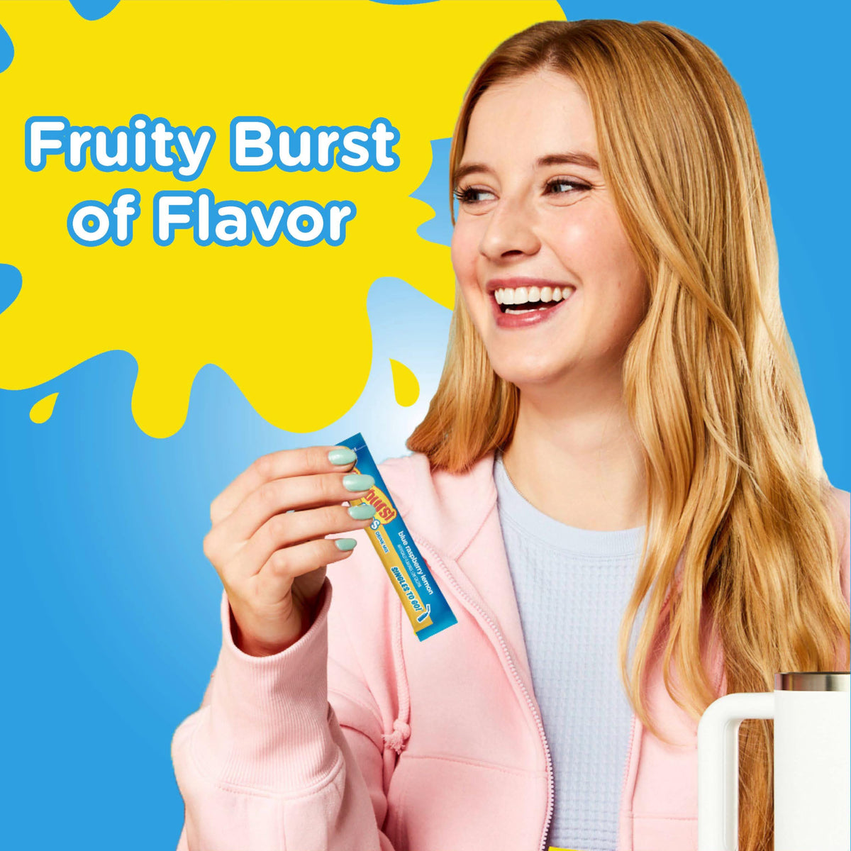 Starburst Duos blue raspberry lemon on-the-go drink mix in a portable bag.