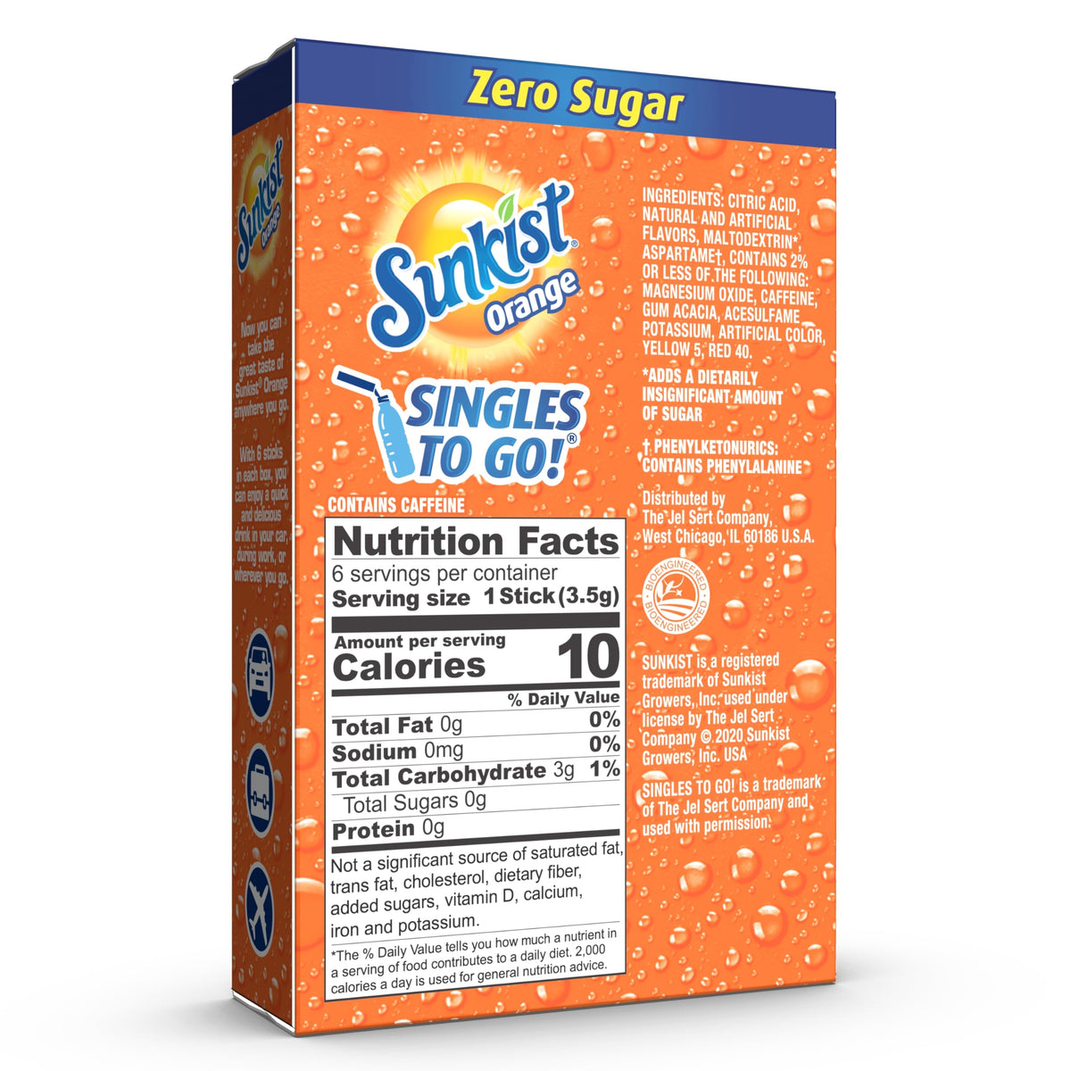 SINGLES TO GO! Sunkist Orange box side showing six-stick packets for easy prep