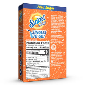 SINGLES TO GO! Sunkist Orange box side showing six-stick packets for easy prep