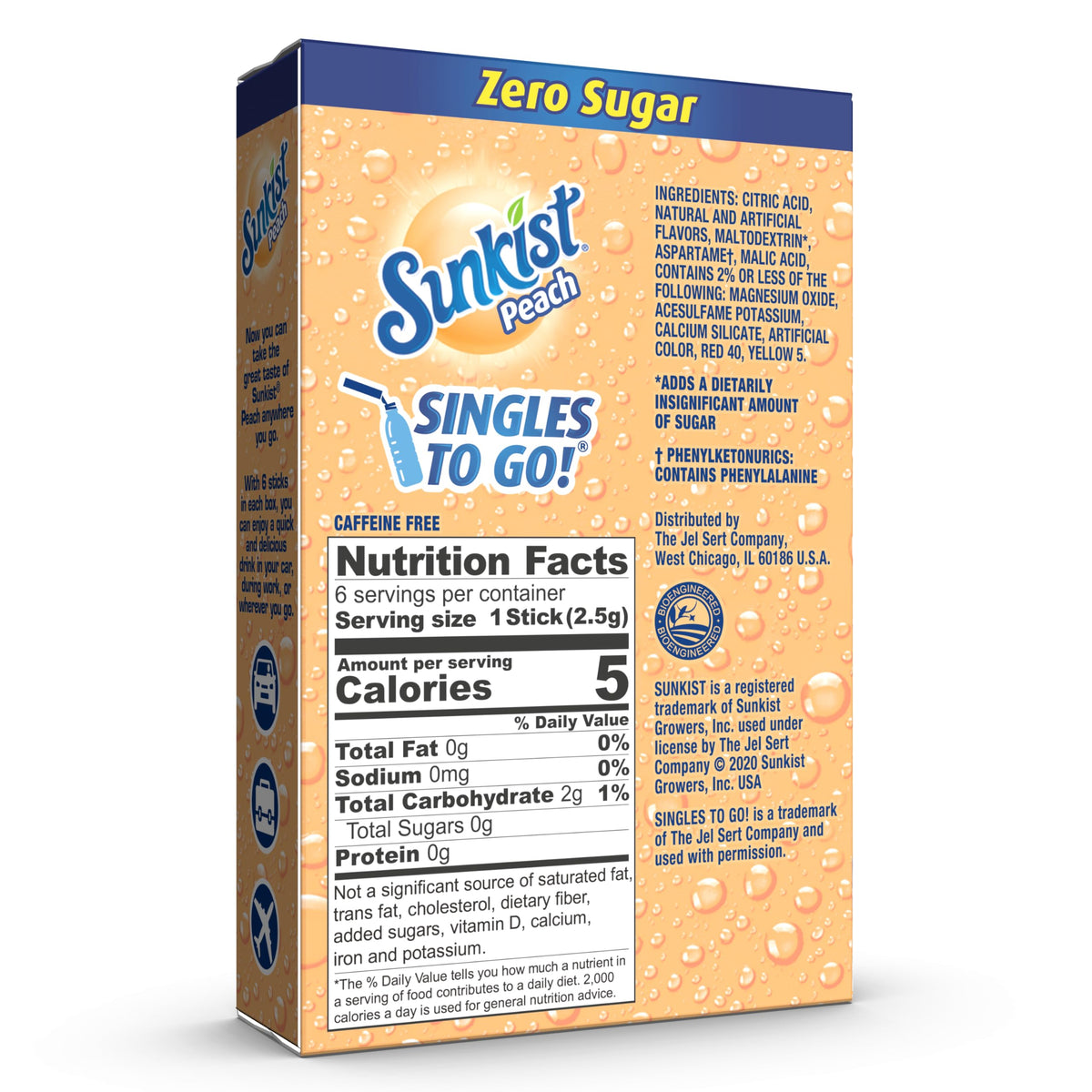 SINGLES TO GO Sunkist Peach sachet dissolves in water for a flavorful, caffeine-free drink