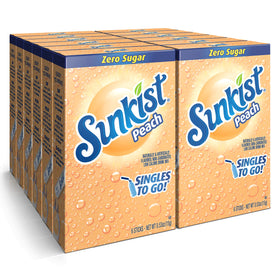 SINGLES TO GO Sunkist Peach packet poured into water for a sugar-free on-the-go refreshment
