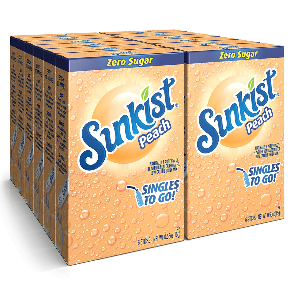 SINGLES TO GO Sunkist Peach packet poured into water for a sugar-free on-the-go refreshment