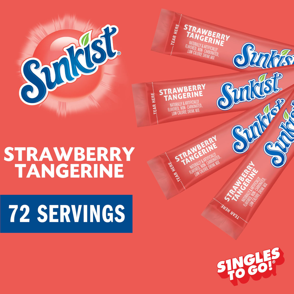 SINGLES TO GO! Sunkist Strawberry Tangerine pour into water, refreshing flavor in seconds.