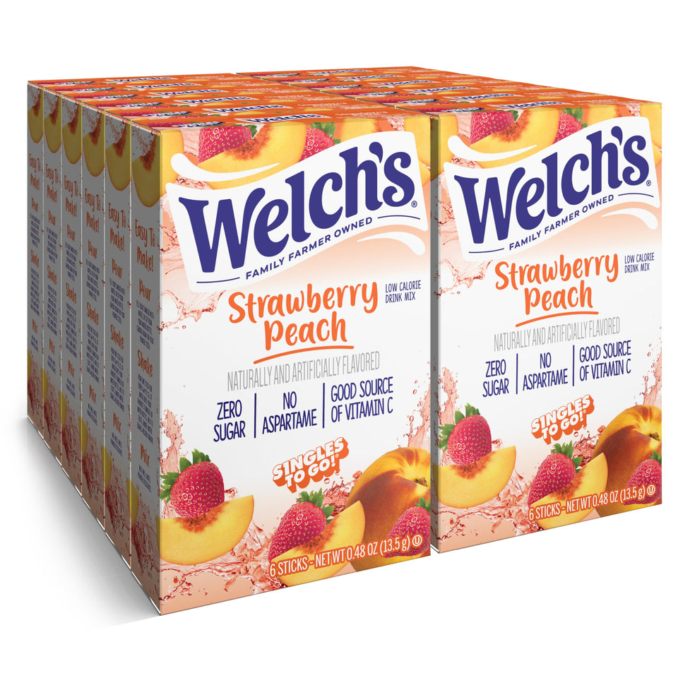 Welch's Singles To Go box with strawberry peach flavor for on-the-go hydration.