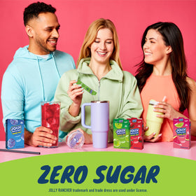 Glass shows a sugar-free, low-calorie green apple drink.