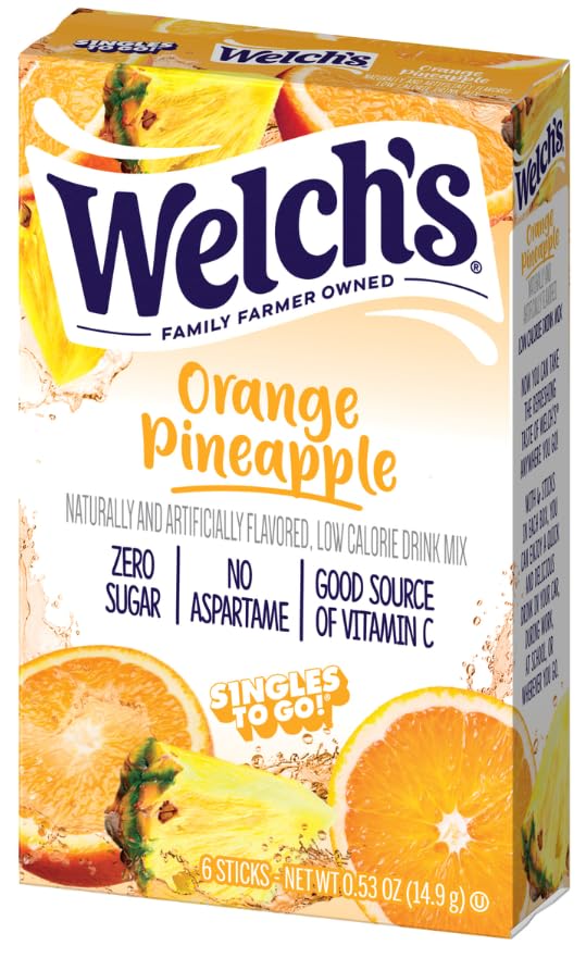 SINGLES TO GO orange pineapple box shows convenient single-serve sticks for travel.