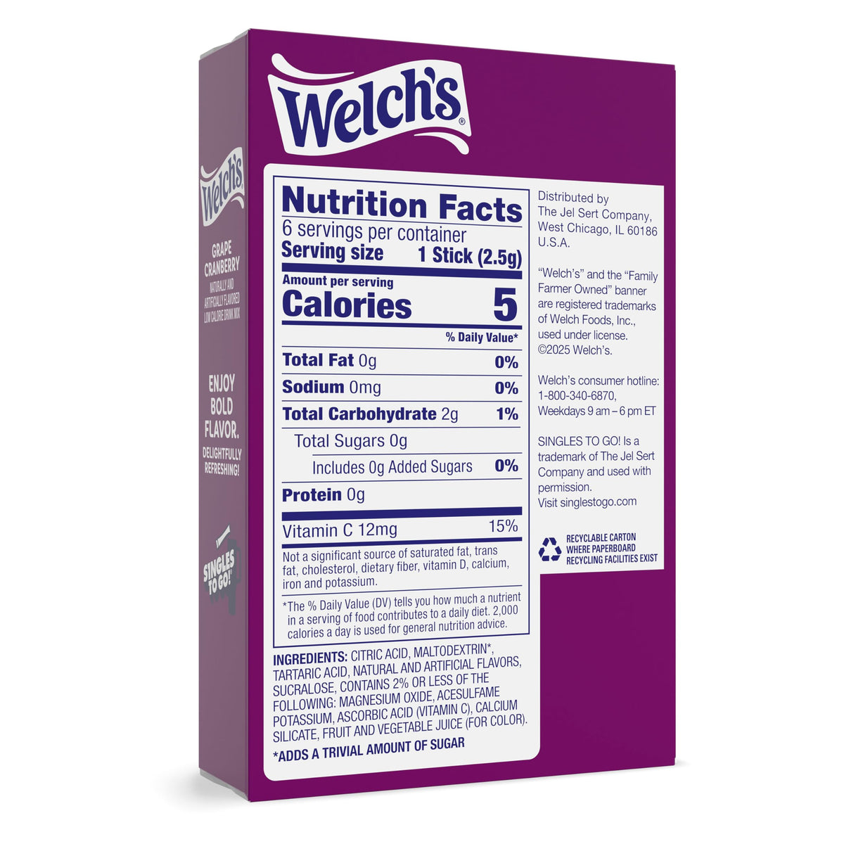 Close-up of Welch’s grape cranberry single packet dissolving in water