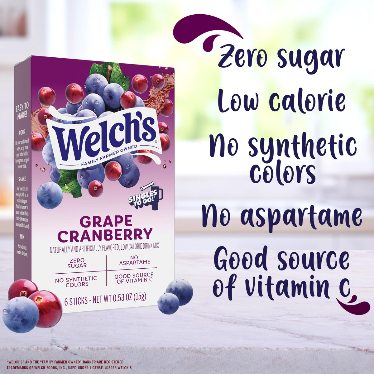 Nutrition details for Welch’s grape cranberry packet showing calories and ingredients