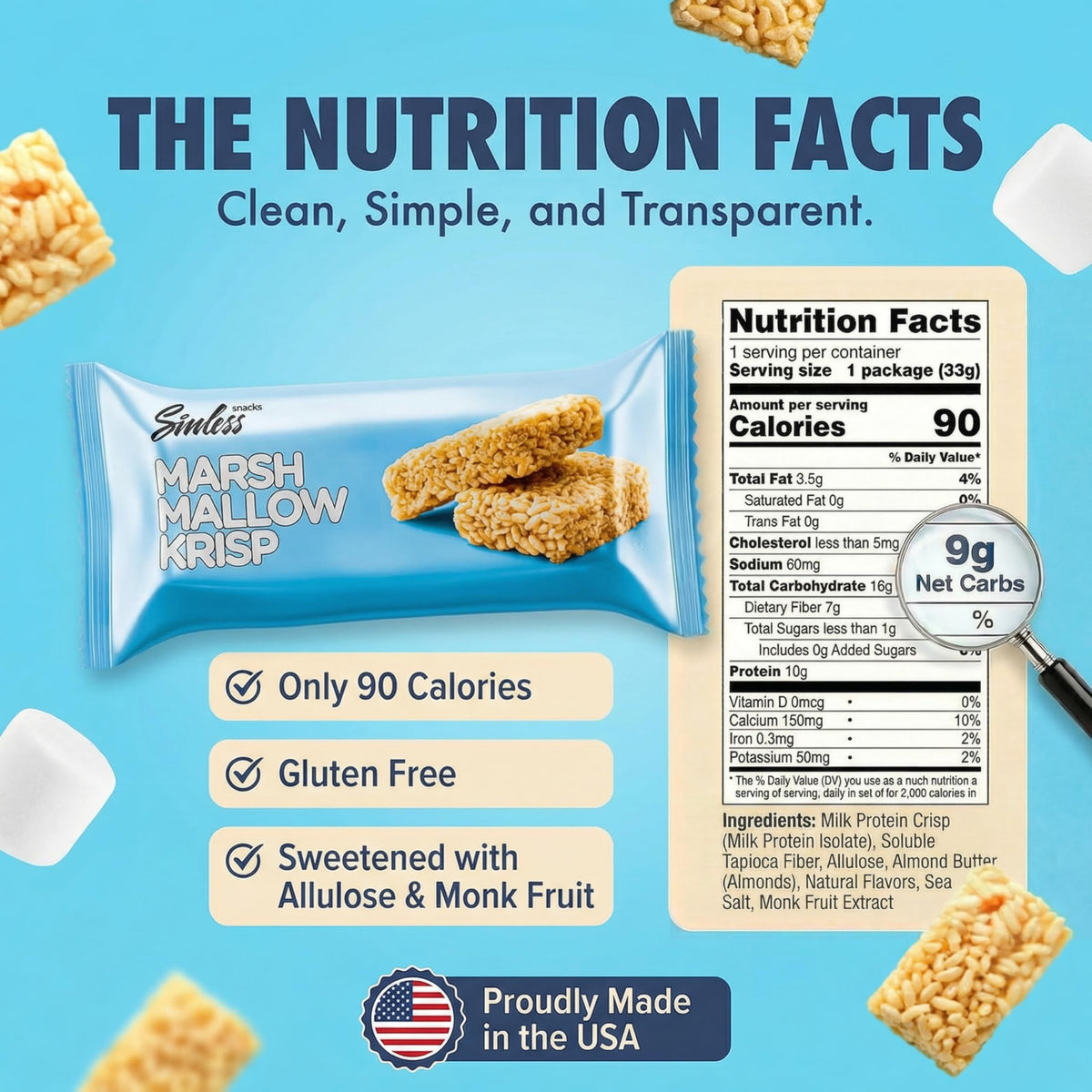 Sinless Snacks Marshmallow Krisp Bar closeup texture reveals gooey, chewy center.