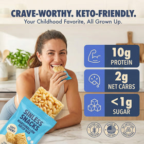 Sinless Snacks Marshmallow Krisp Bar packaging highlights family-friendly gluten-free snack.