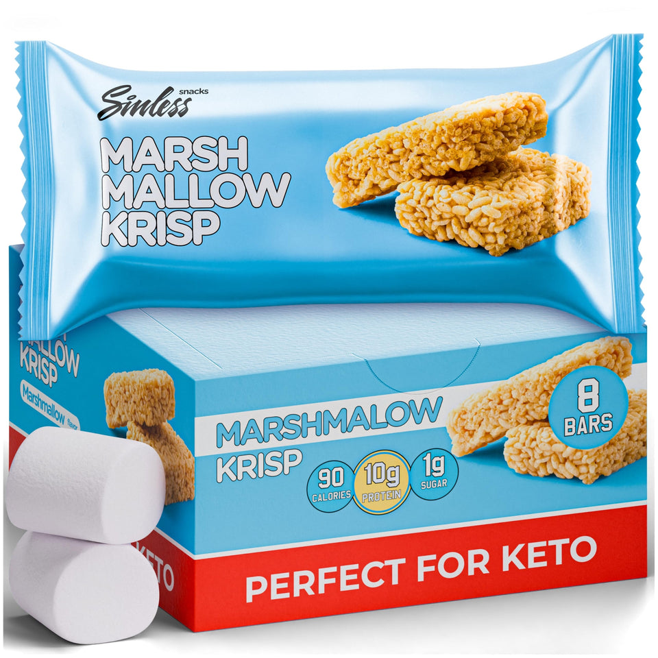 Sinless Snacks Marshmallow Krisp Bar unwrapped, showcasing soft texture and keto-friendly appeal.