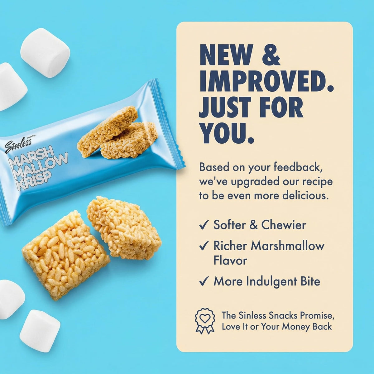 Sinless Snacks Marshmallow Krisp Bar USA-made badge signals quality.