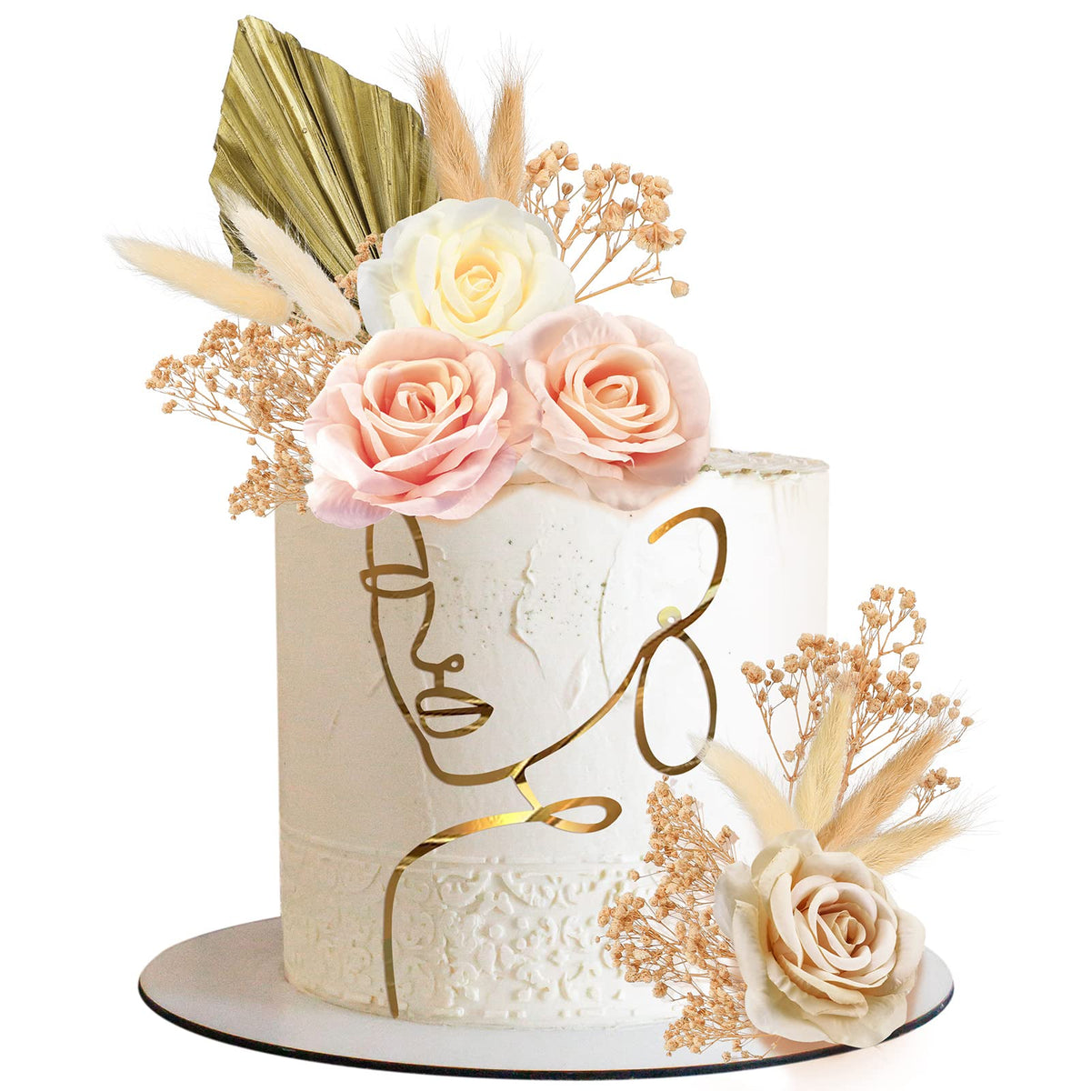 Sinmoe lady-face gold acrylic cake topper adds elegant boho flair