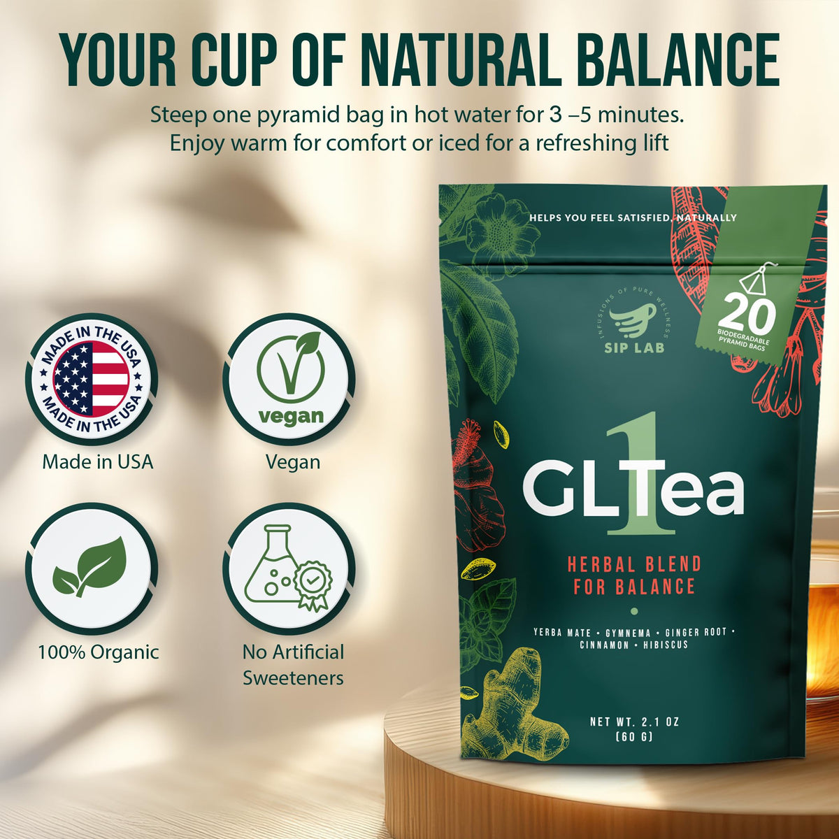 Sip Lab GLTEA-1 hibiscus and lemongrass add bright aroma and refreshing finish.