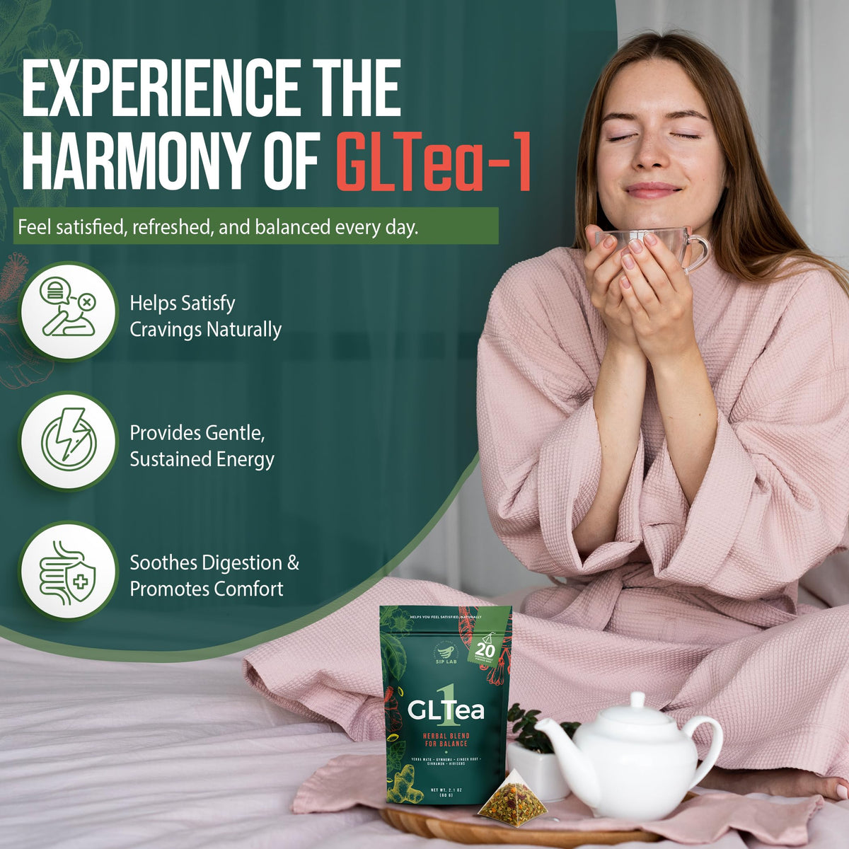 Sip Lab GLTEA-1 tea bags ready to brew for a fuller flavor experience.