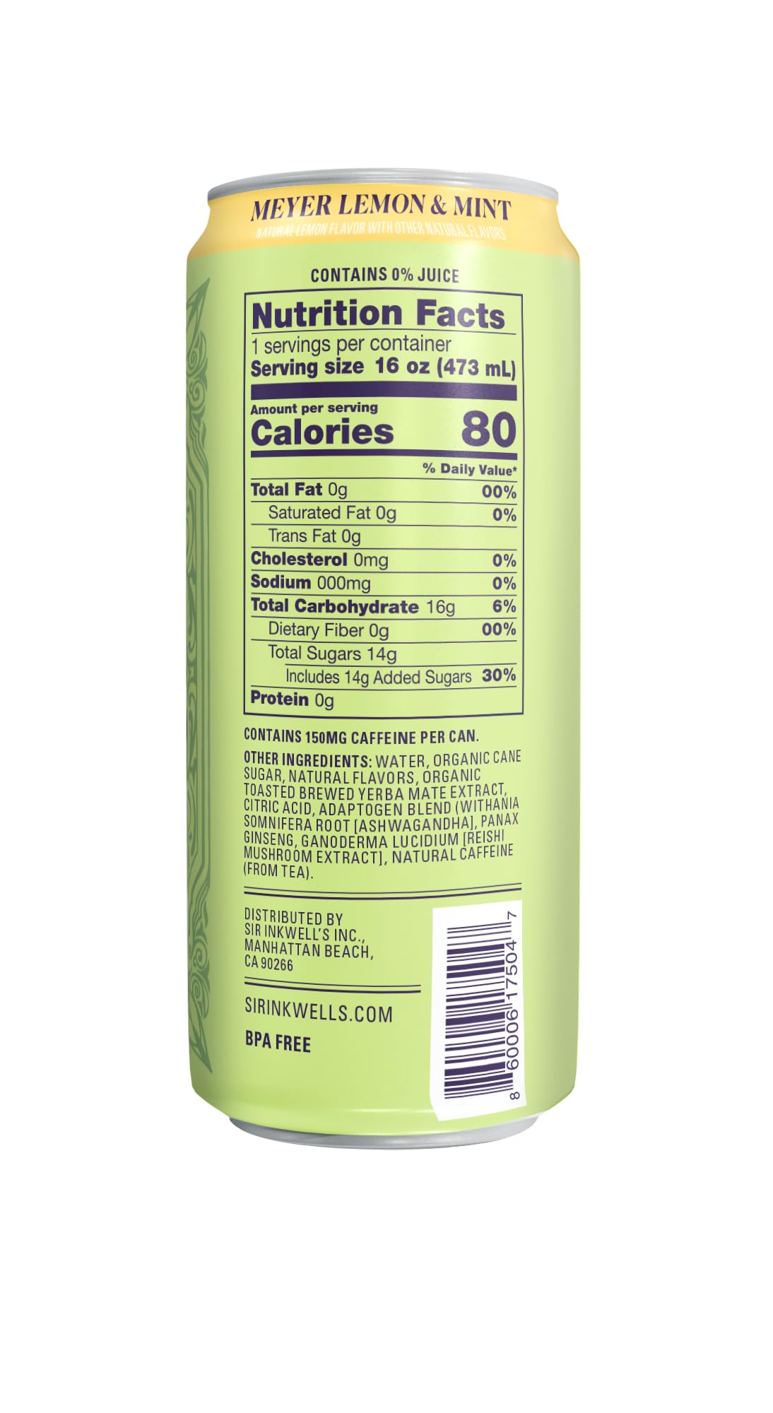 Graphic label showing adaptogen blend with Ashwagandha, Reishi, and Ginseng.