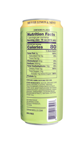 Graphic label showing adaptogen blend with Ashwagandha, Reishi, and Ginseng.
