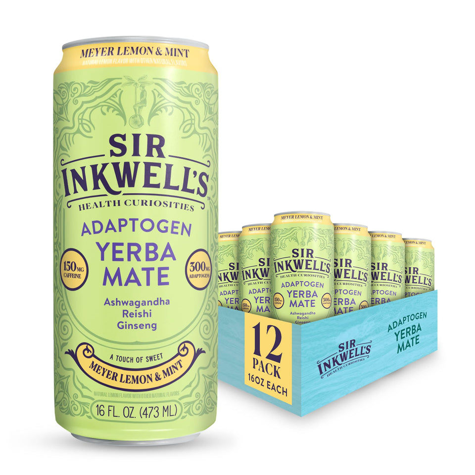 Sir Inkwell's Adaptogen Yerba Mate Tea bottle with Meyer Lemon & Mint, refreshing energy.
