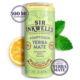 Close-up of Sir Inkwell Yerba Mate can highlighting bright color and label.