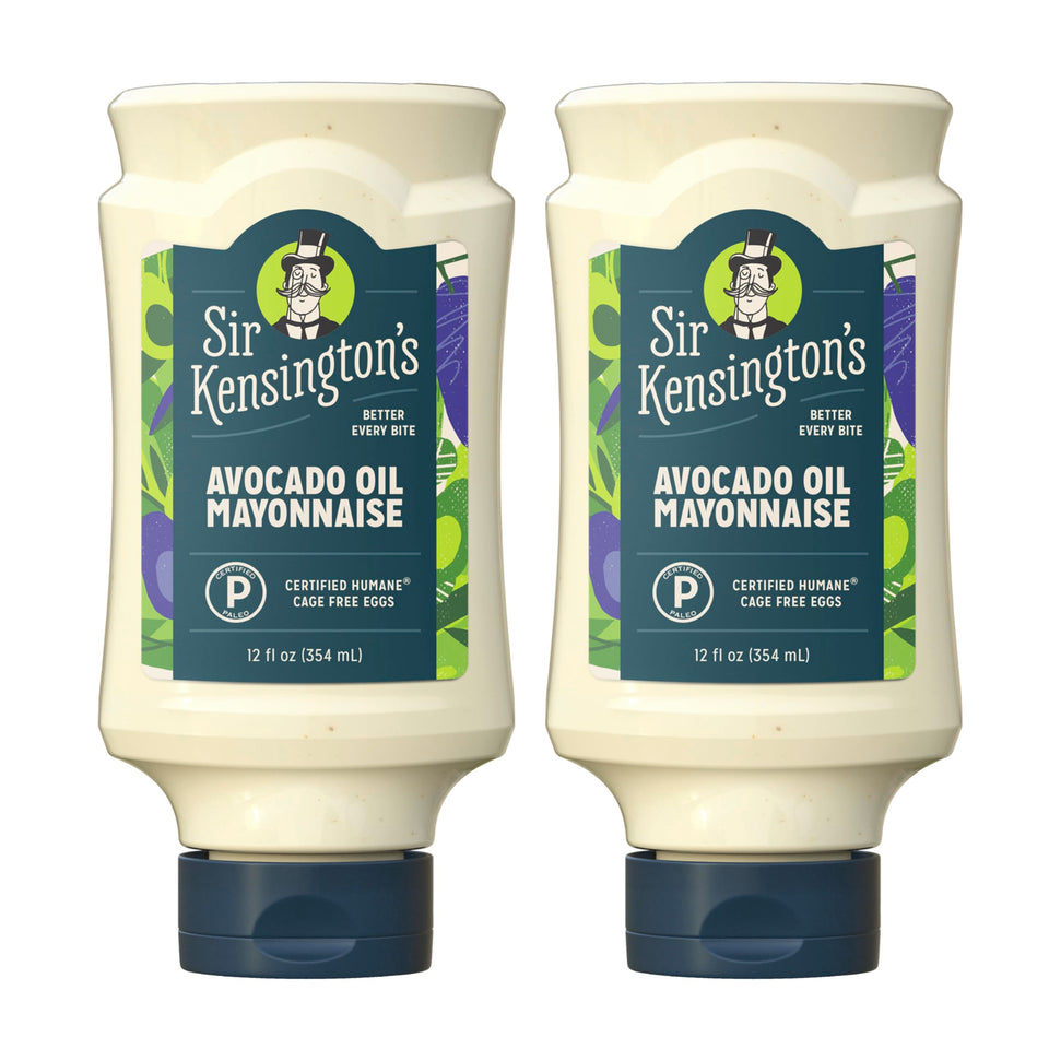 Sir Kensington's Avocado Oil Mayo bottle shows creamy texture for keto meals.