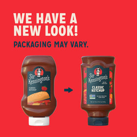 Close-up of Sir Kensington's ketchup label with whole tomatoes and quality ingredients.