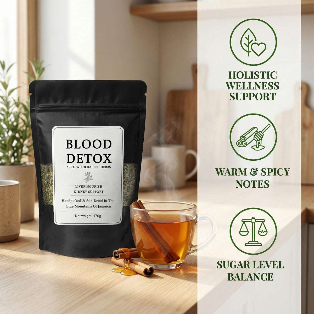 SIRDIKA Blood Detox Tea with guaco herbs promotes soothing routines.