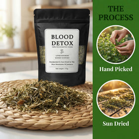 SIRDIKA Blood Detox Tea loose-leaf displays vibrant herbs for caffeine-free sipping.
