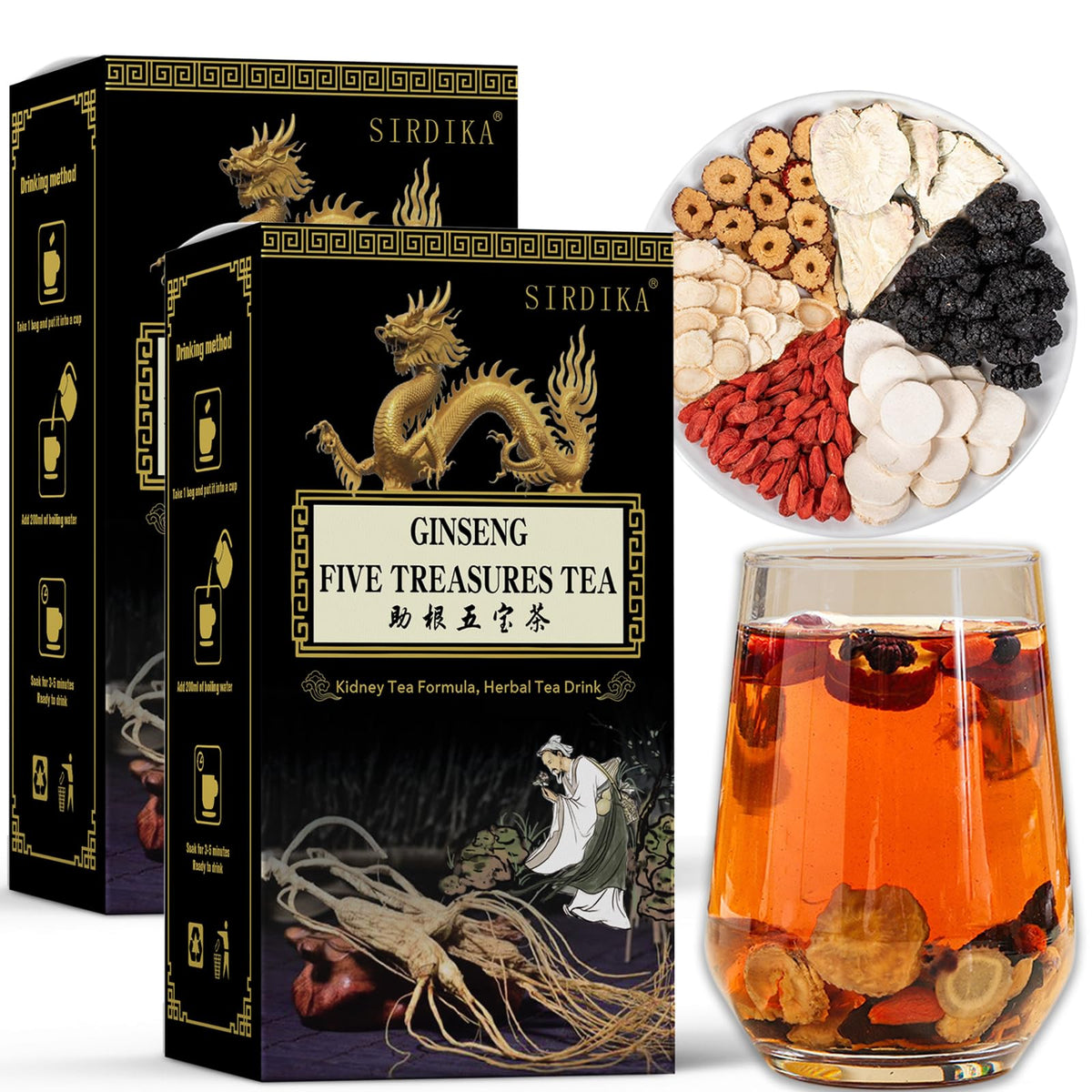 SIRDIKA Ginseng Five Treasures Tea box front for daily wellness ritual