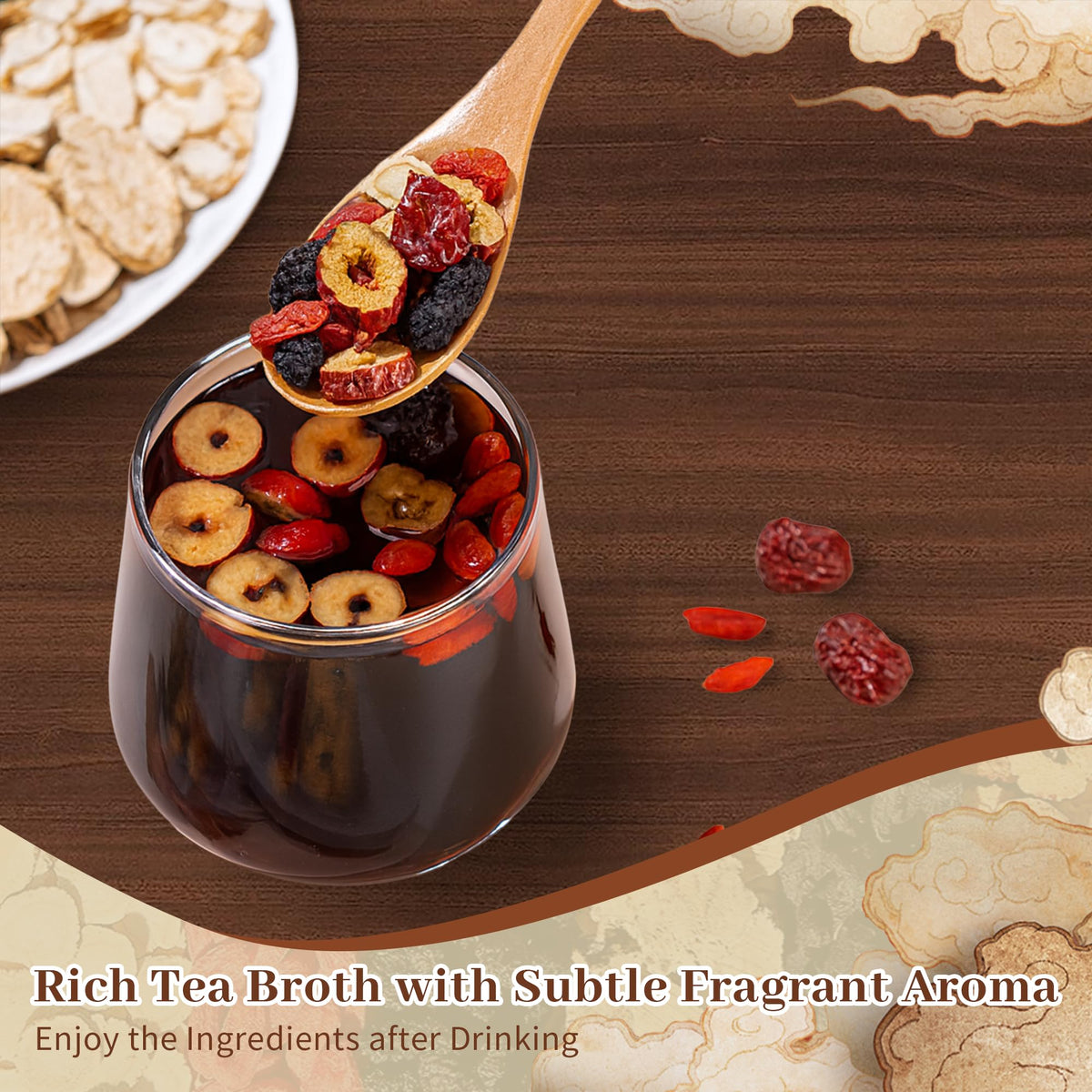 Close-up of red dates, wolfberries, and mulberries used in the SIRDIKA herbal blend.